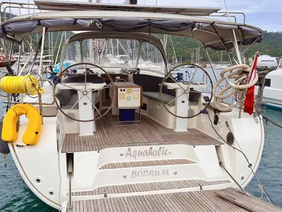 Cockpit of Aquaholic, a Bavaria Cruiser 45 sailboat at Fethiye, Turkey