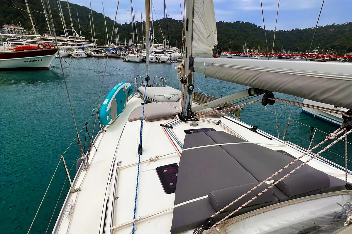 Deck of Aquaholic, a Bavaria Cruiser 45 sailboat at Fethiye, Turkey