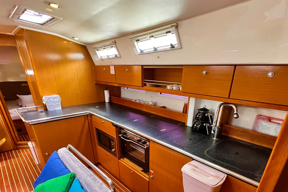 Galley of Aquaholic, a Bavaria Cruiser 45 sailboat at Fethiye, Turkey
