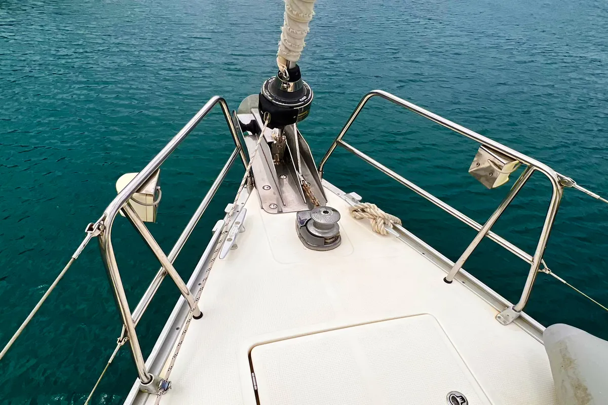 Deck of Aquaholic, a Bavaria Cruiser 45 sailboat at Fethiye, Turkey