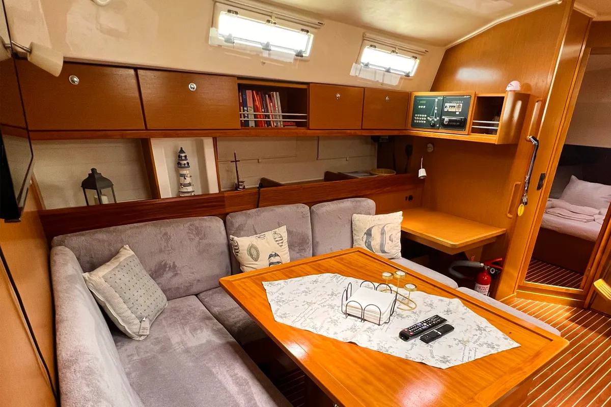 Salon of Aquaholic, a Bavaria Cruiser 45 sailboat at Fethiye, Turkey