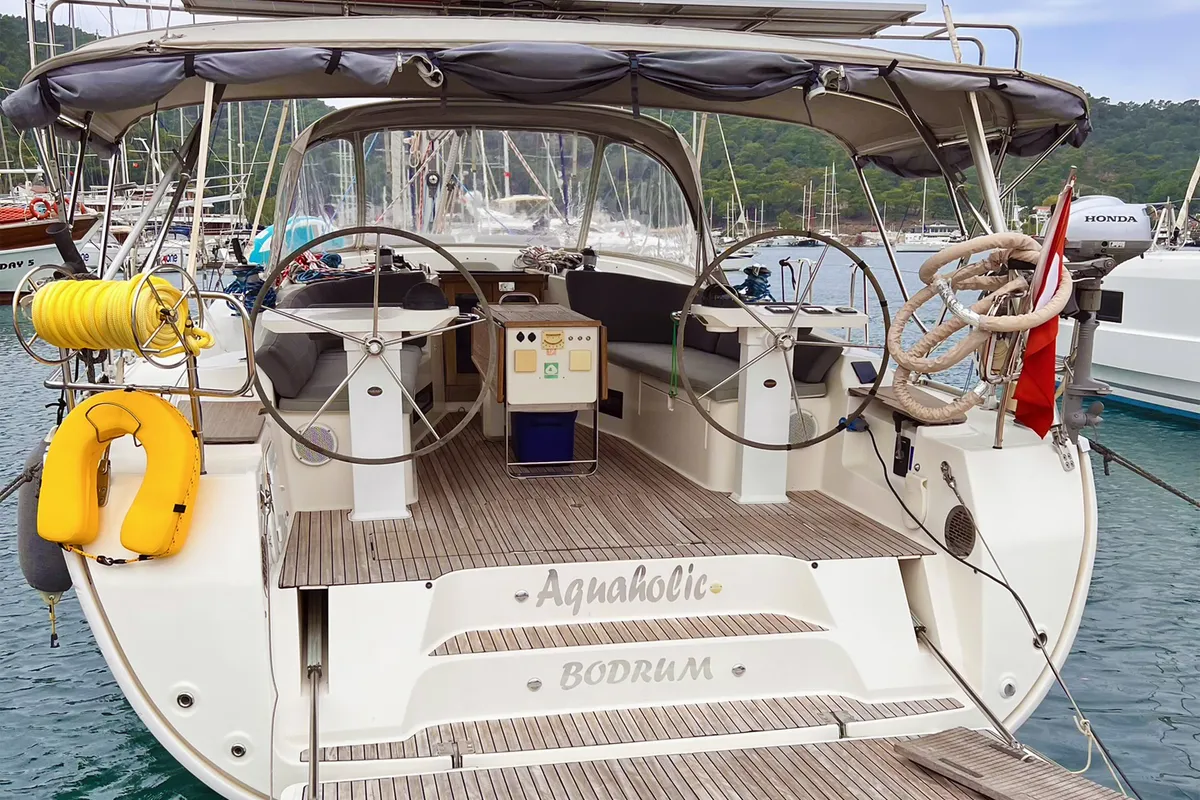 Exterior view of Aquaholic, a Bavaria Cruiser 45 sailboat at Fethiye, Turkey