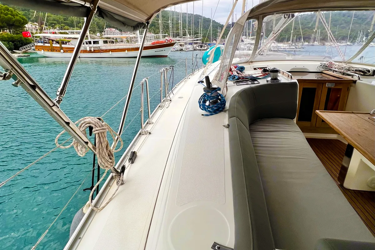 Deck of Aquaholic, a Bavaria Cruiser 45 sailboat at Fethiye, Turkey