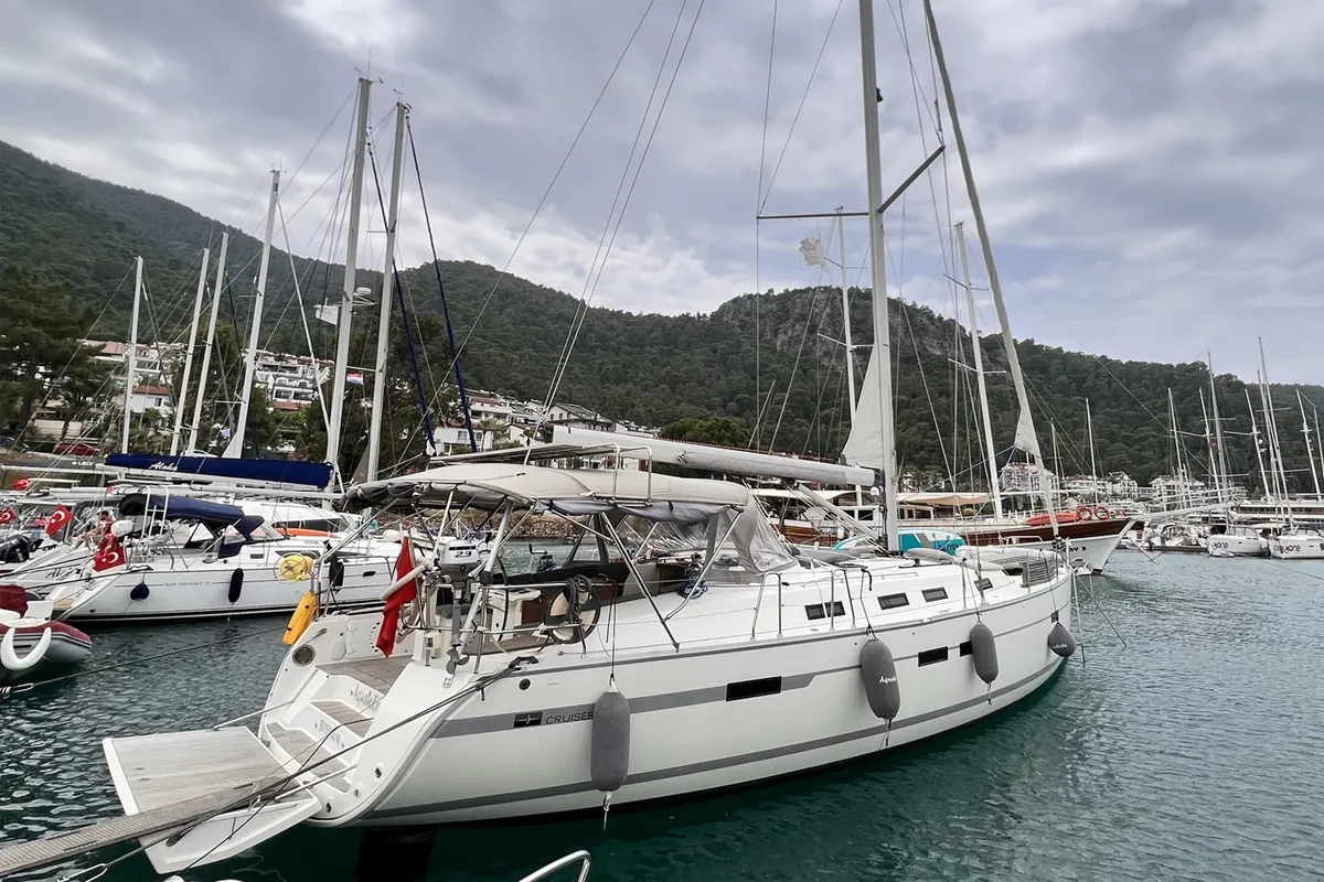 Exterior view of Aquaholic, a Bavaria Cruiser 45 sailboat at Fethiye, Turkey