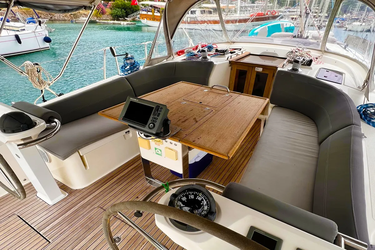 Cockpit of Aquaholic, a Bavaria Cruiser 45 sailboat at Fethiye, Turkey