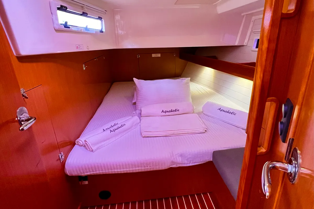 Cabin on Aquaholic, a Bavaria Cruiser 45 sailboat at Fethiye, Turkey