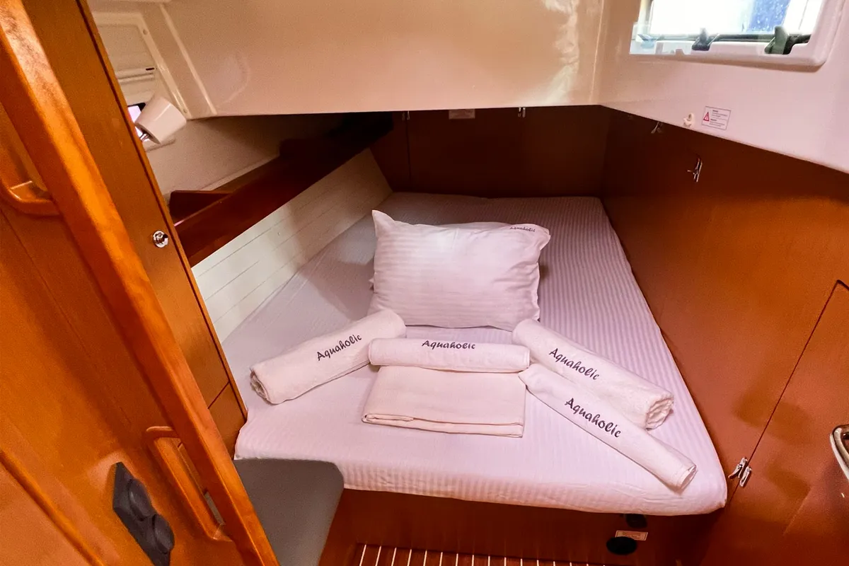 Cabin on Aquaholic, a Bavaria Cruiser 45 sailboat at Fethiye, Turkey