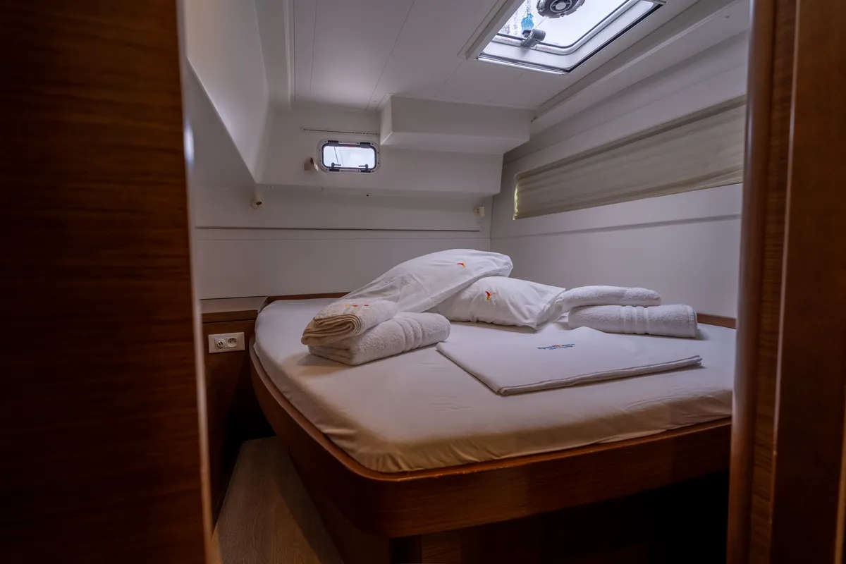 Cabin on Mascalzone Lametino, a Lagoon 40 catamaran at Salerno, Italy