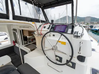 Cockpit of Mascalzone Lametino, a Lagoon 40 catamaran at Salerno, Italy