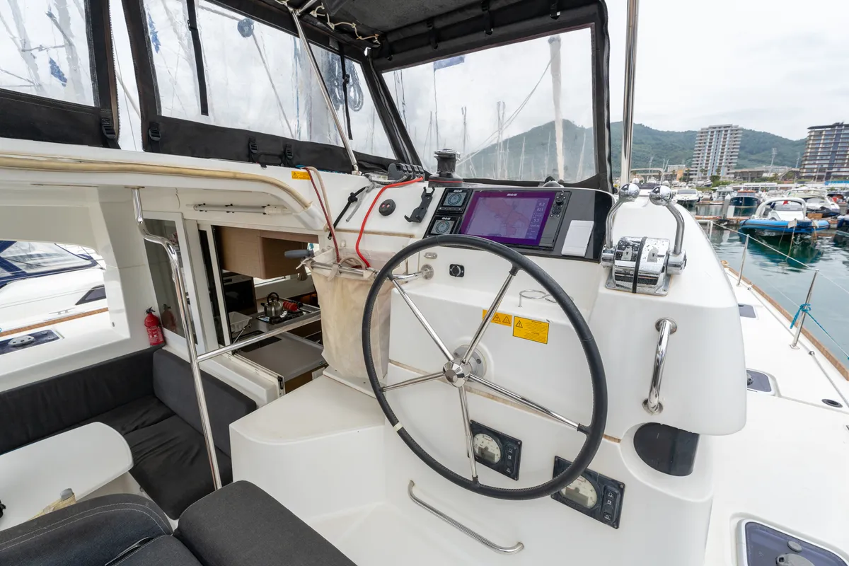 Cockpit of Mascalzone Lametino, a Lagoon 40 catamaran at Salerno, Italy