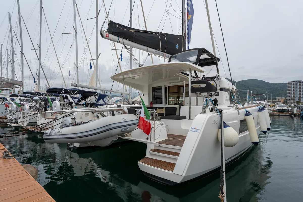 Exterior view of Mascalzone Lametino, a Lagoon 40 catamaran at Salerno, Italy