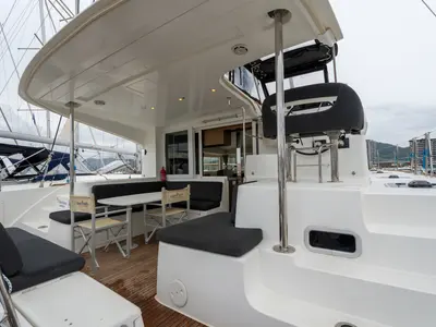 Deck of Mascalzone Lametino, a Lagoon 40 catamaran at Salerno, Italy