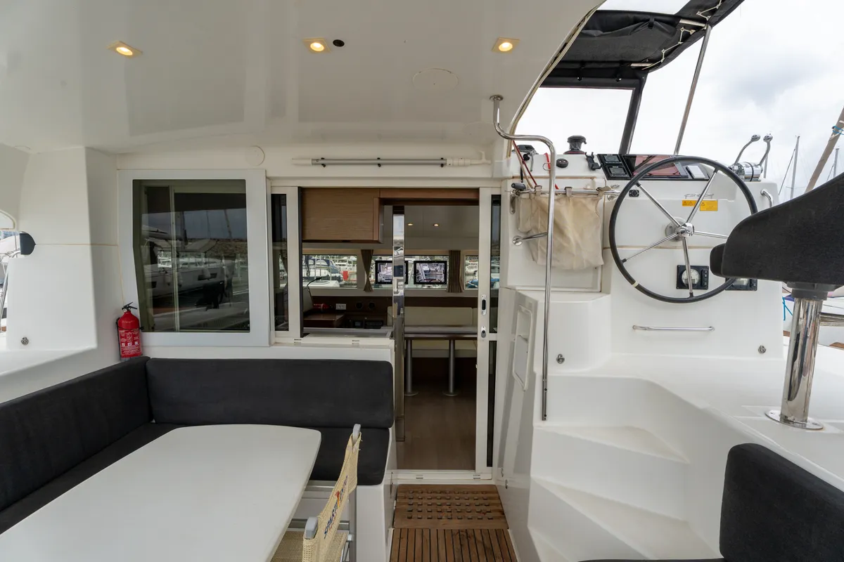 Deck of Mascalzone Lametino, a Lagoon 40 catamaran at Salerno, Italy