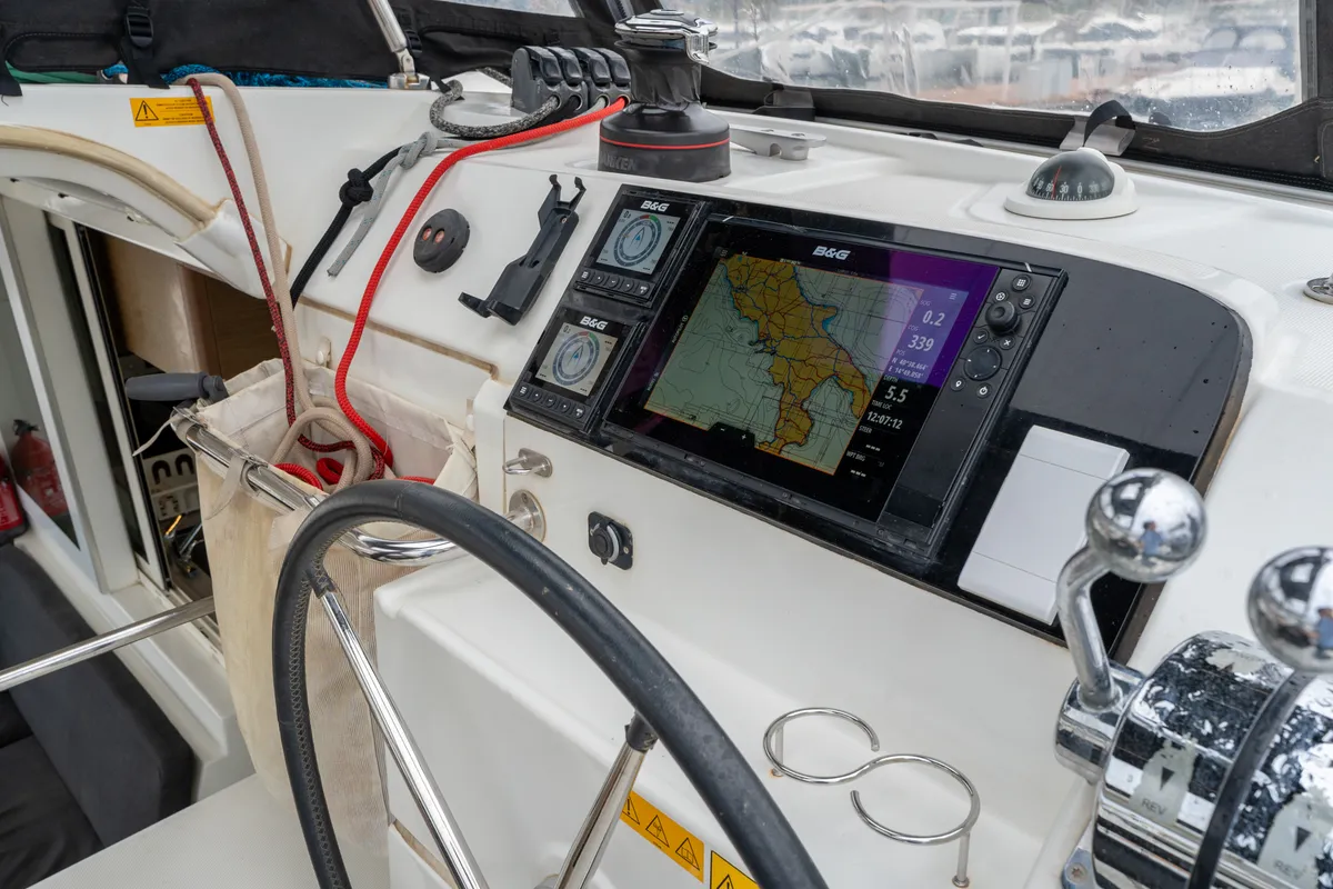 Cockpit of Mascalzone Lametino, a Lagoon 40 catamaran at Salerno, Italy