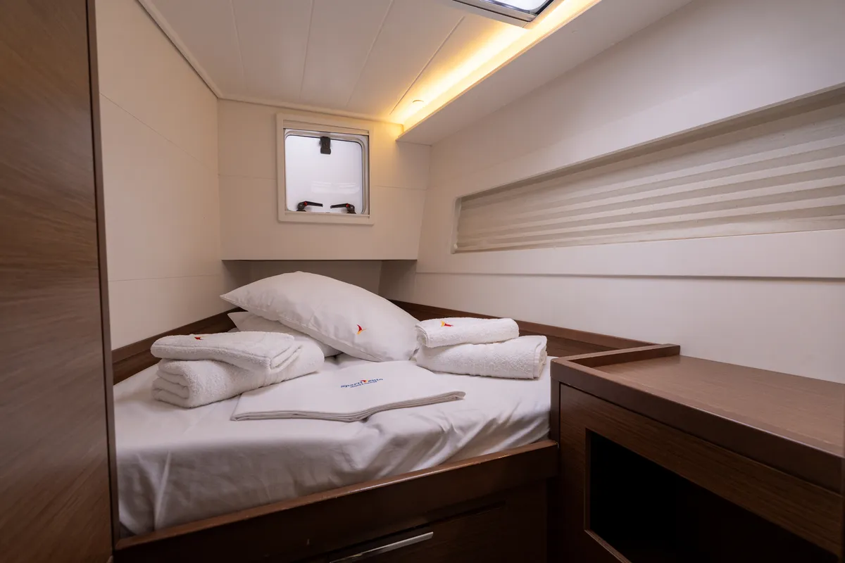 Cabin on Mascalzone Lametino, a Lagoon 40 catamaran at Salerno, Italy