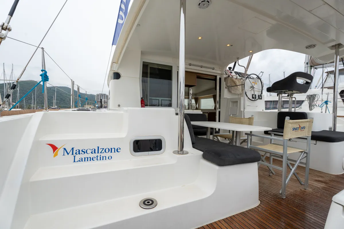 Deck of Mascalzone Lametino, a Lagoon 40 catamaran at Salerno, Italy