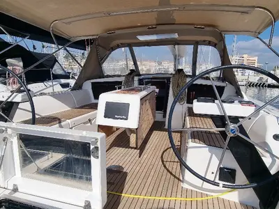 Cockpit of Lucie, a Dufour 430 sailboat at Vallauris, France