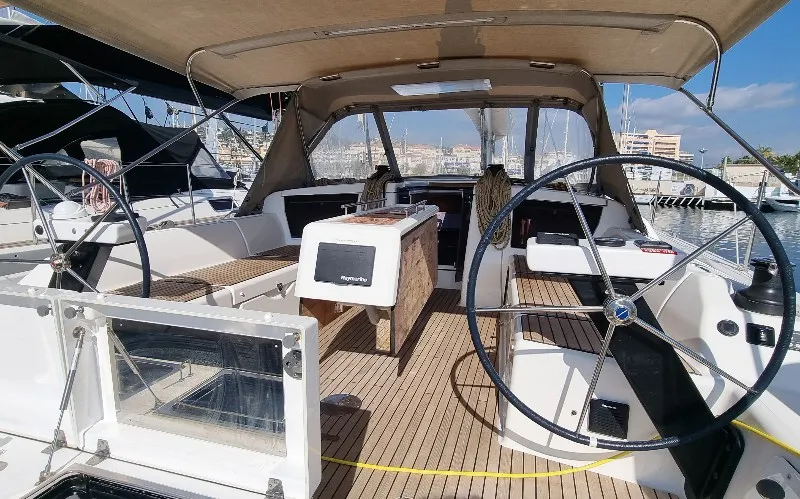 Cockpit of Lucie, a Dufour 430 sailboat at Vallauris, France
