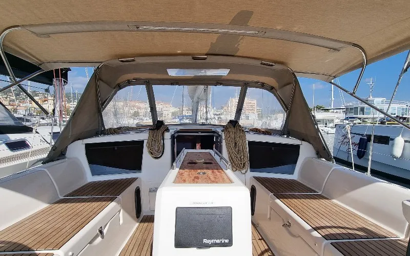 Deck of Lucie, a Dufour 430 sailboat at Vallauris, France