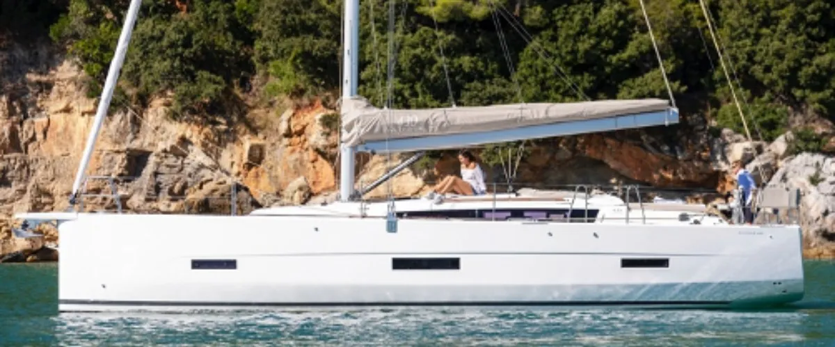 Exterior view of Lucie, a Dufour 430 sailboat at Vallauris, France