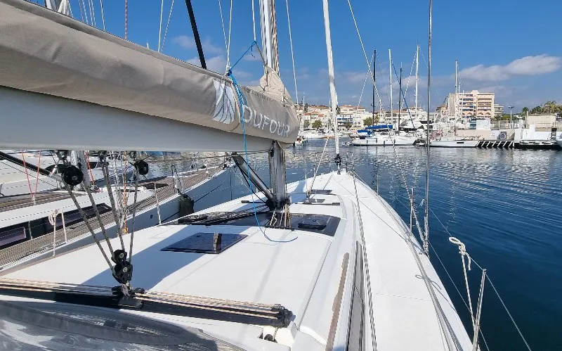 Deck of Lucie, a Dufour 430 sailboat at Vallauris, France