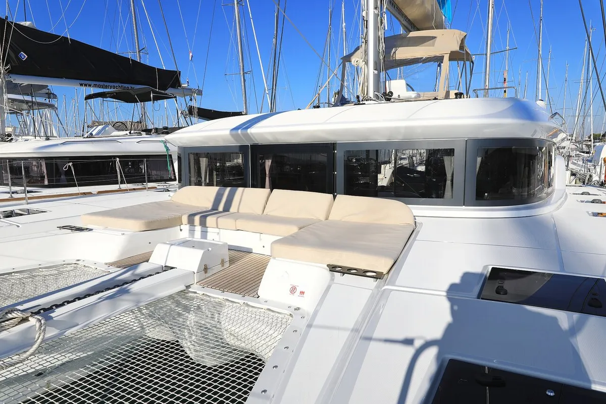 Deck of Ragnar, a Lagoon 50 OW catamaran at Sukošan, Croatia