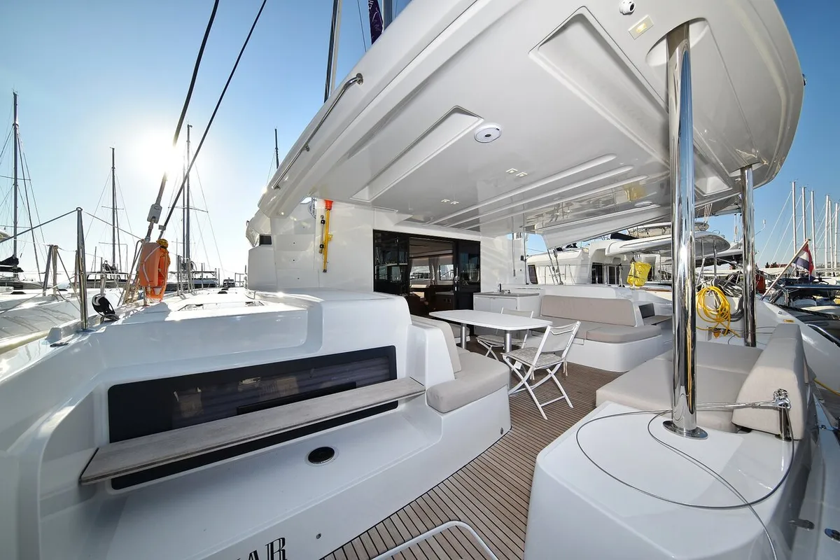 Deck of Ragnar, a Lagoon 50 OW catamaran at Sukošan, Croatia