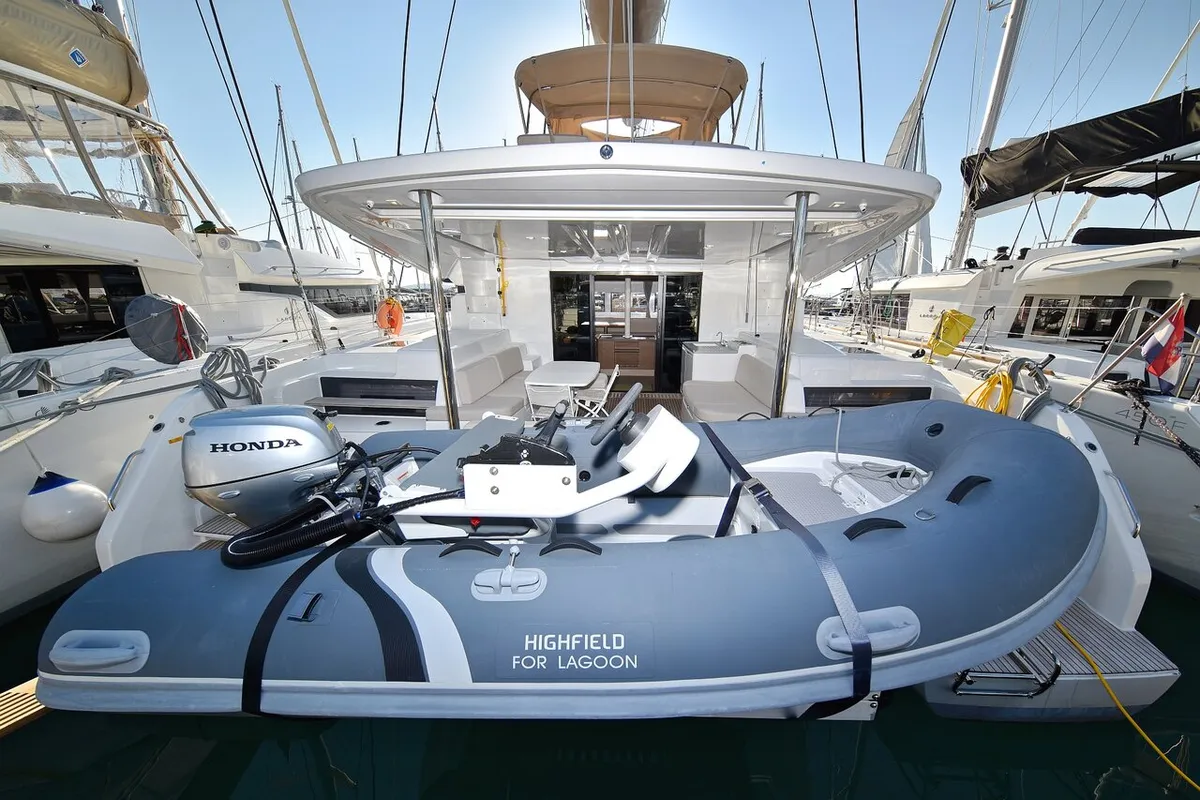 Exterior view of Ragnar, a Lagoon 50 OW catamaran at Sukošan, Croatia