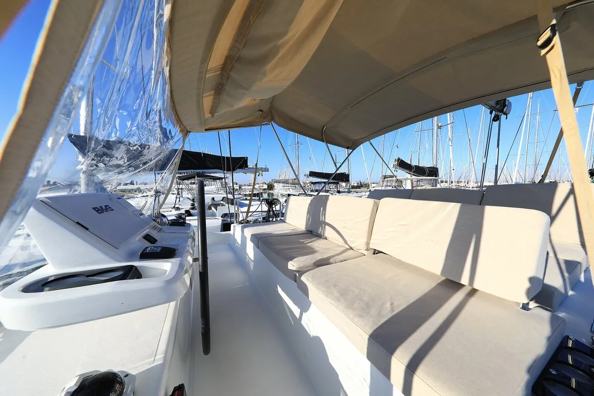 Cockpit of Ragnar, a Lagoon 50 OW catamaran at Sukošan, Croatia