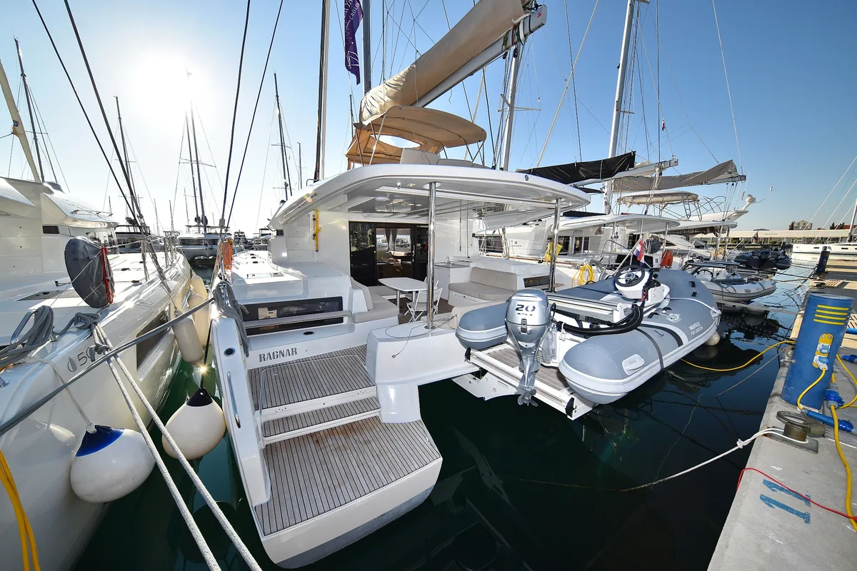 Exterior view of Ragnar, a Lagoon 50 OW catamaran at Sukošan, Croatia