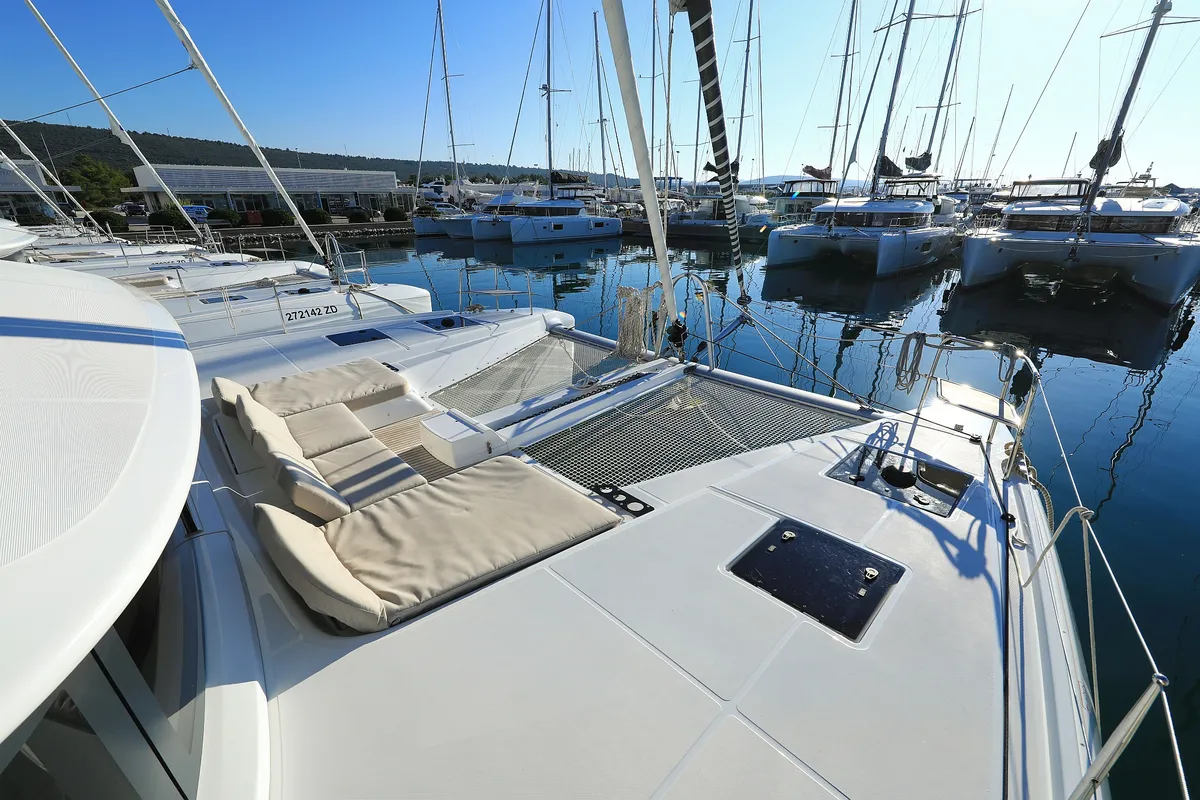 Deck of Ragnar, a Lagoon 50 OW catamaran at Sukošan, Croatia