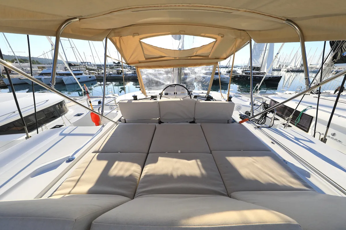 Deck of Ragnar, a Lagoon 50 OW catamaran at Sukošan, Croatia