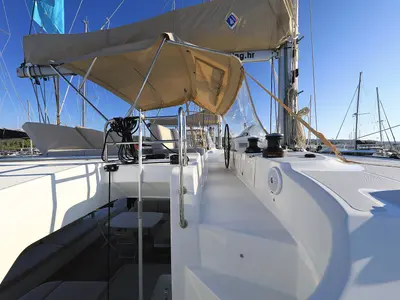Cockpit of Ragnar, a Lagoon 50 OW catamaran at Sukošan, Croatia