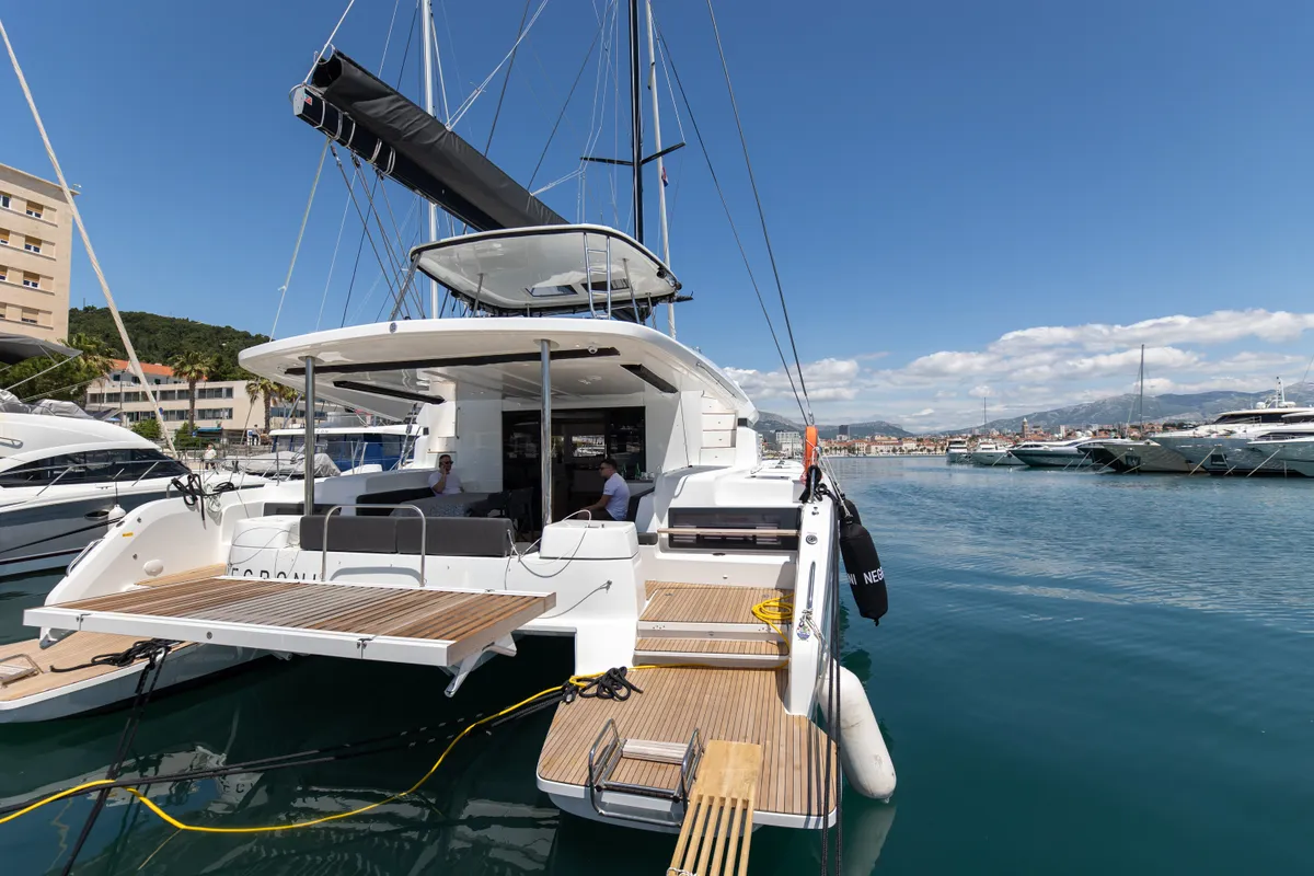 Exterior view of Negroni, a Lagoon 51 catamaran at Općina Rogoznica, Croatia