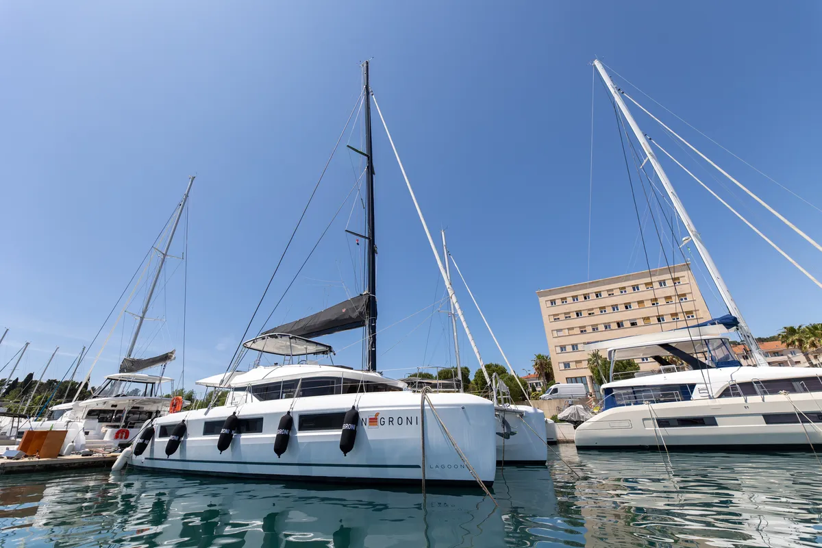 Exterior view of Negroni, a Lagoon 51 catamaran at Općina Rogoznica, Croatia