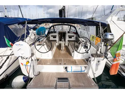 Cockpit of Phoenix, a Jeanneau Sun Odyssey 380 sailboat at Rosignano Solvay, Italy
