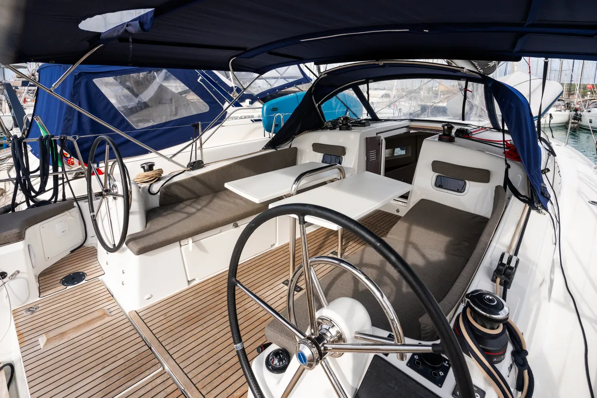 Cockpit of Phoenix, a Jeanneau Sun Odyssey 380 sailboat at Rosignano Solvay, Italy
