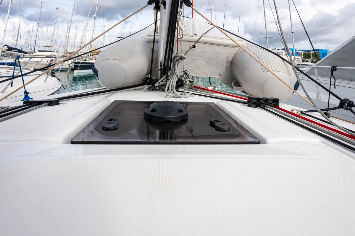 Deck of Phoenix, a Jeanneau Sun Odyssey 380 sailboat at Rosignano Solvay, Italy
