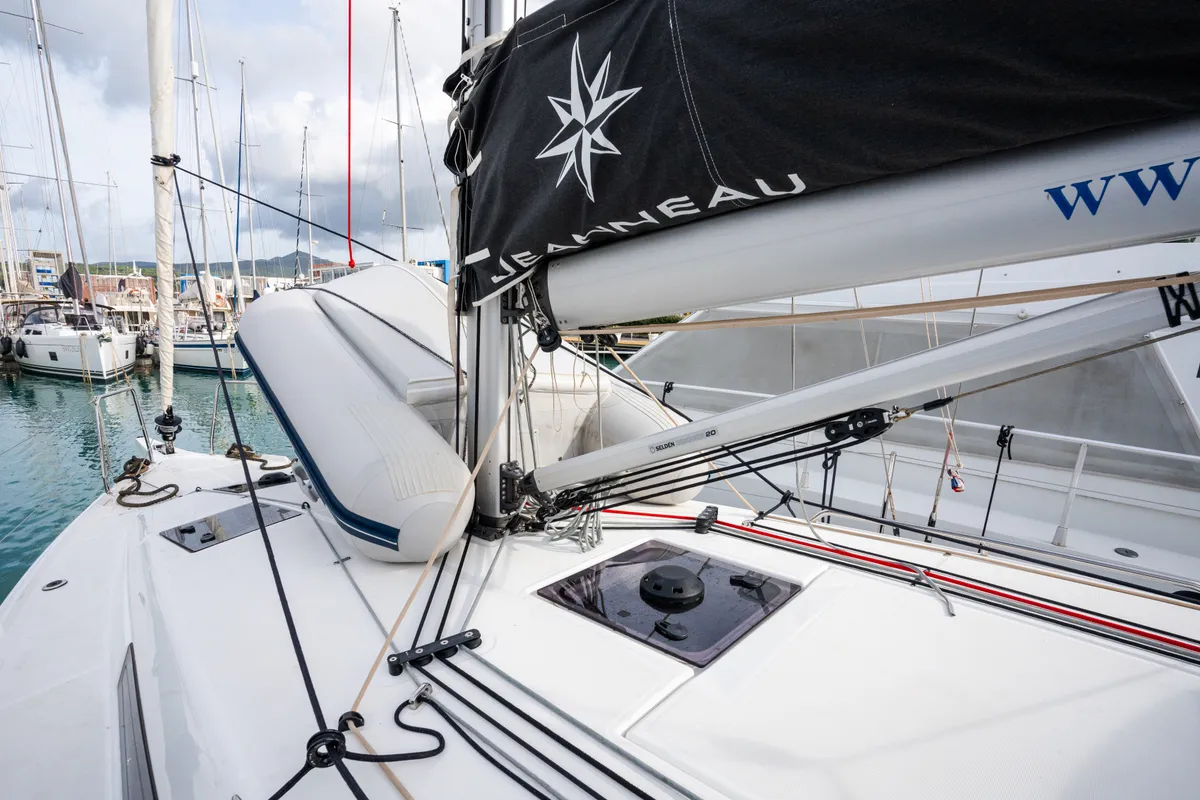 Deck of Phoenix, a Jeanneau Sun Odyssey 380 sailboat at Rosignano Solvay, Italy