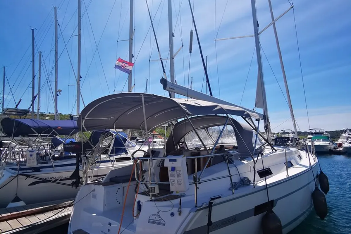 Exterior view of Sea Wolf, a Bavaria Cruiser 36 sailboat at Primošten, Croatia