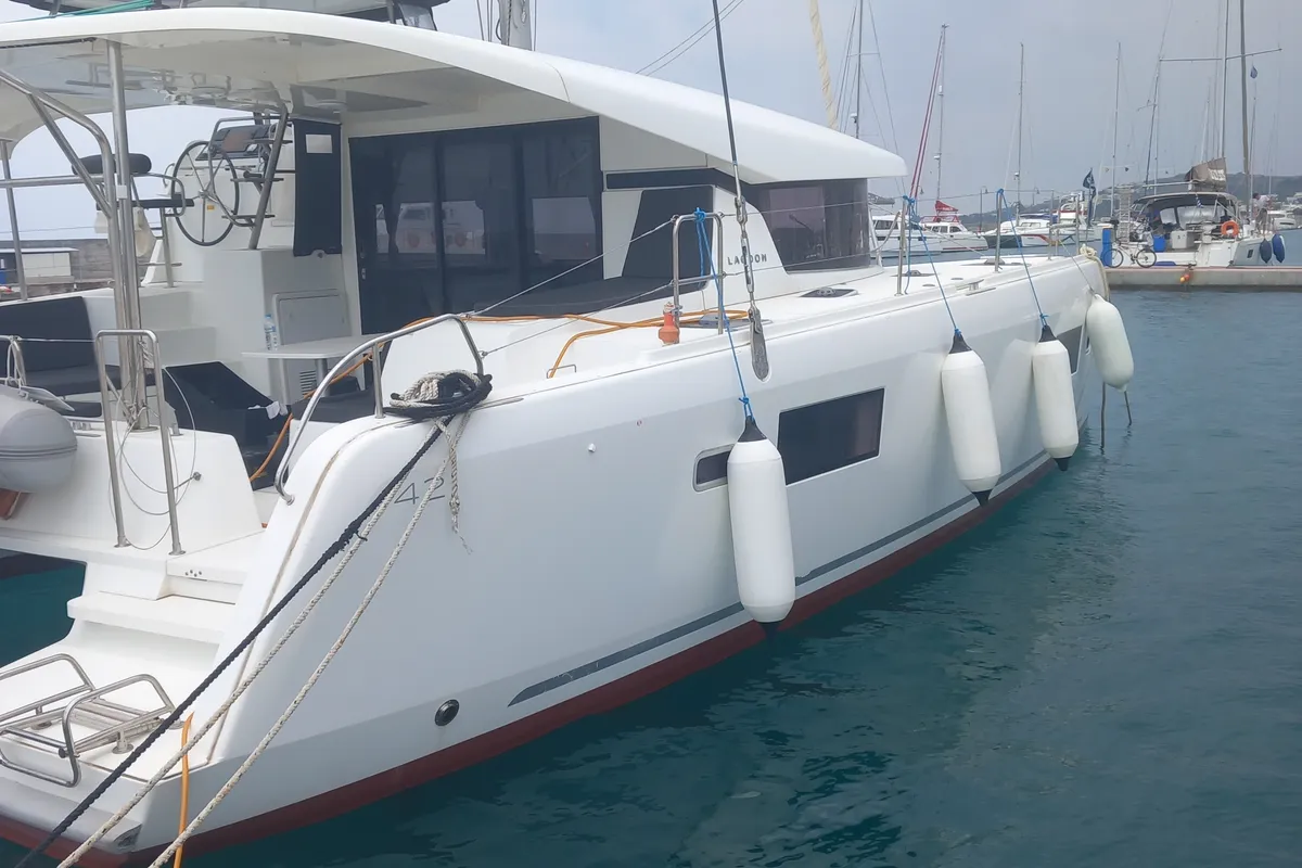 Exterior view of Neverland, a Lagoon 42 catamaran at Kos, Greece