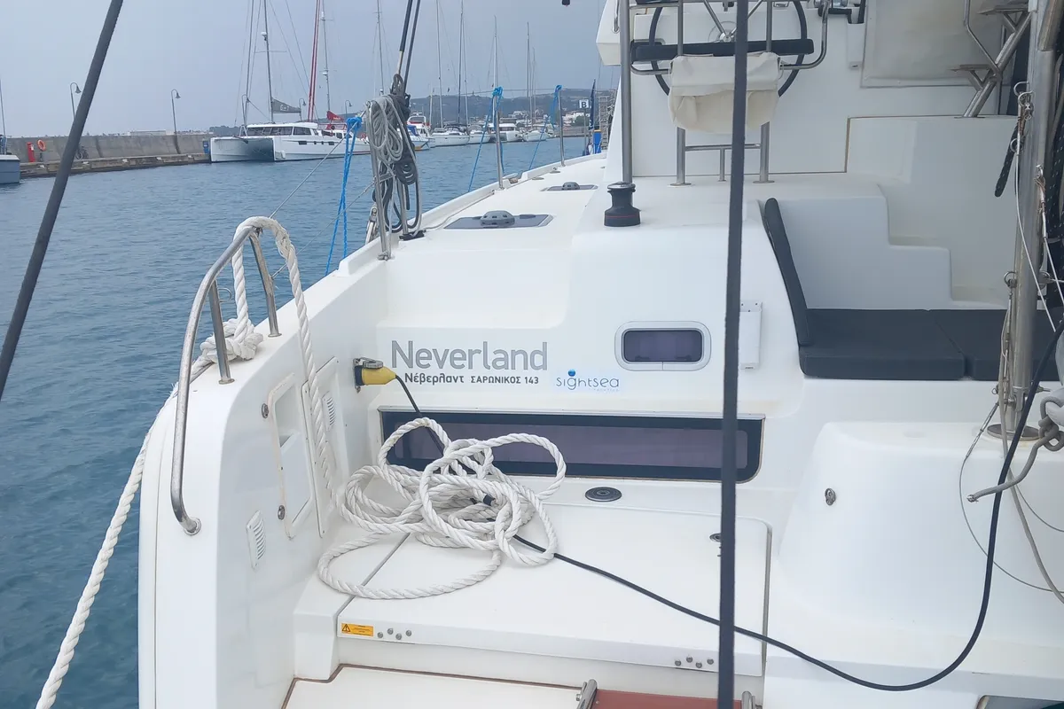 Deck of Neverland, a Lagoon 42 catamaran at Kos, Greece
