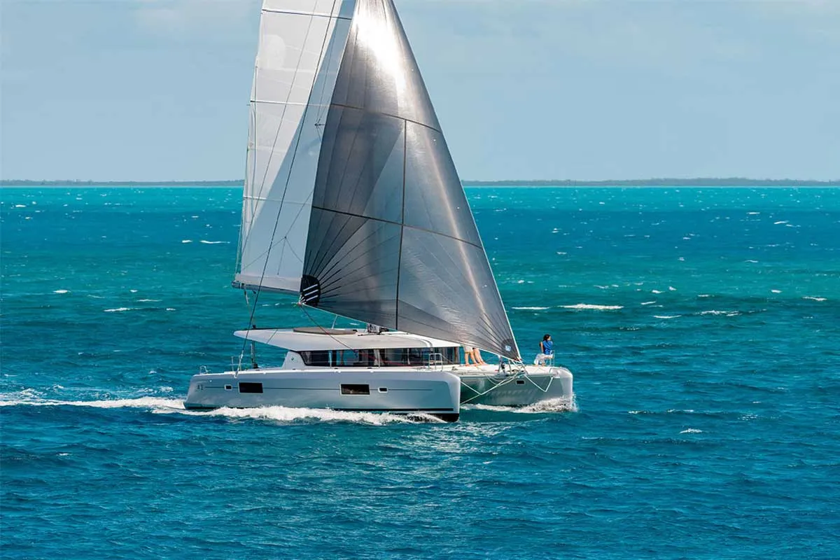 Exterior view of Neverland, a Lagoon 42 catamaran at Kos, Greece