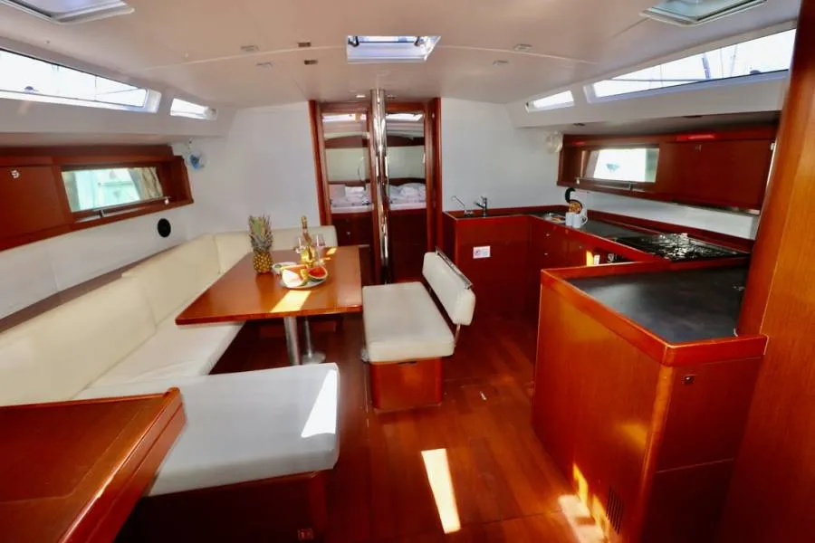 Salon of Oceanis 48 Classic, a Beneteau Oceanis 48 sailboat at Cannigione, Italy