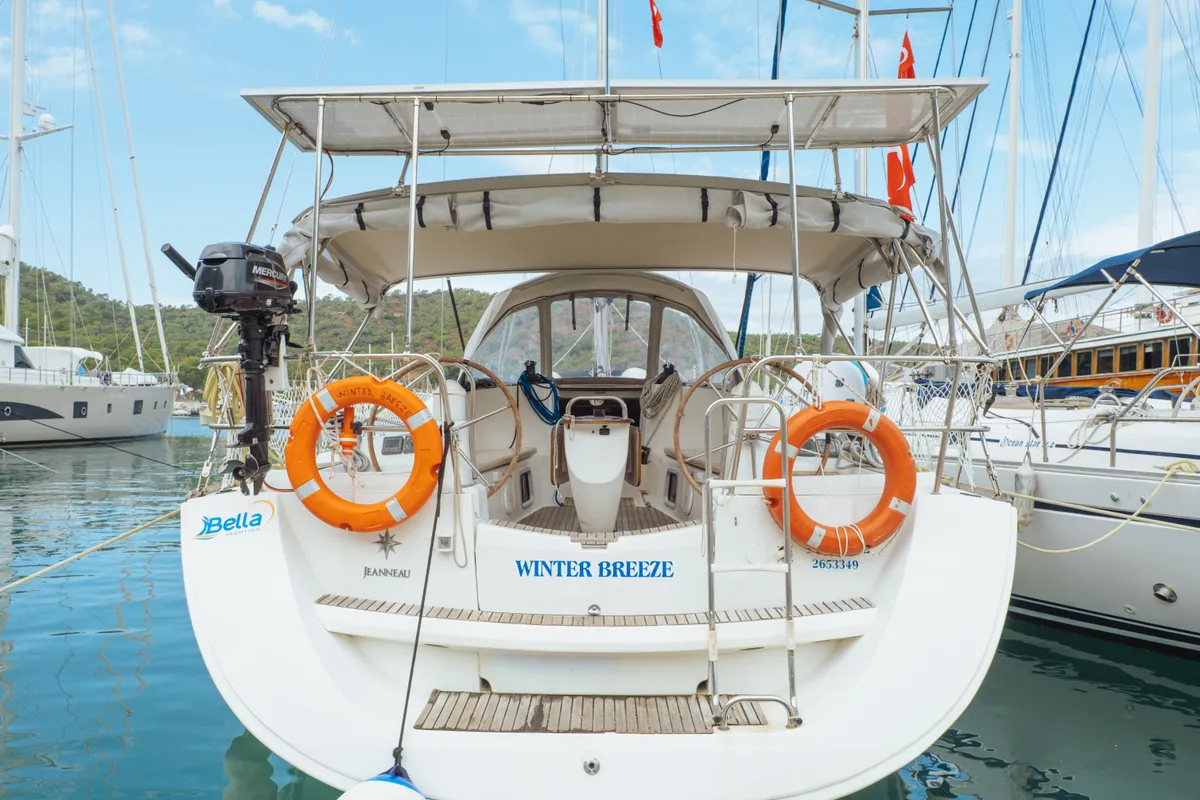 Exterior view of Classic, a Jeanneau Sun Odyssey 42 i sailboat at Fethiye, Turkey