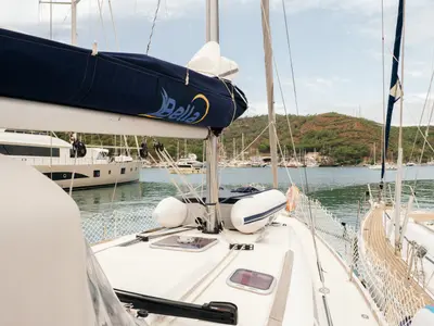 Deck of Classic, a Jeanneau Sun Odyssey 42 i sailboat at Fethiye, Turkey