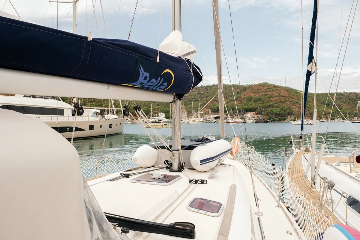 Deck of Classic, a Jeanneau Sun Odyssey 42 i sailboat at Fethiye, Turkey