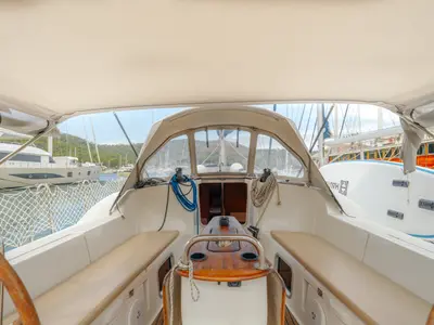 Cockpit of Classic, a Jeanneau Sun Odyssey 42 i sailboat at Fethiye, Turkey