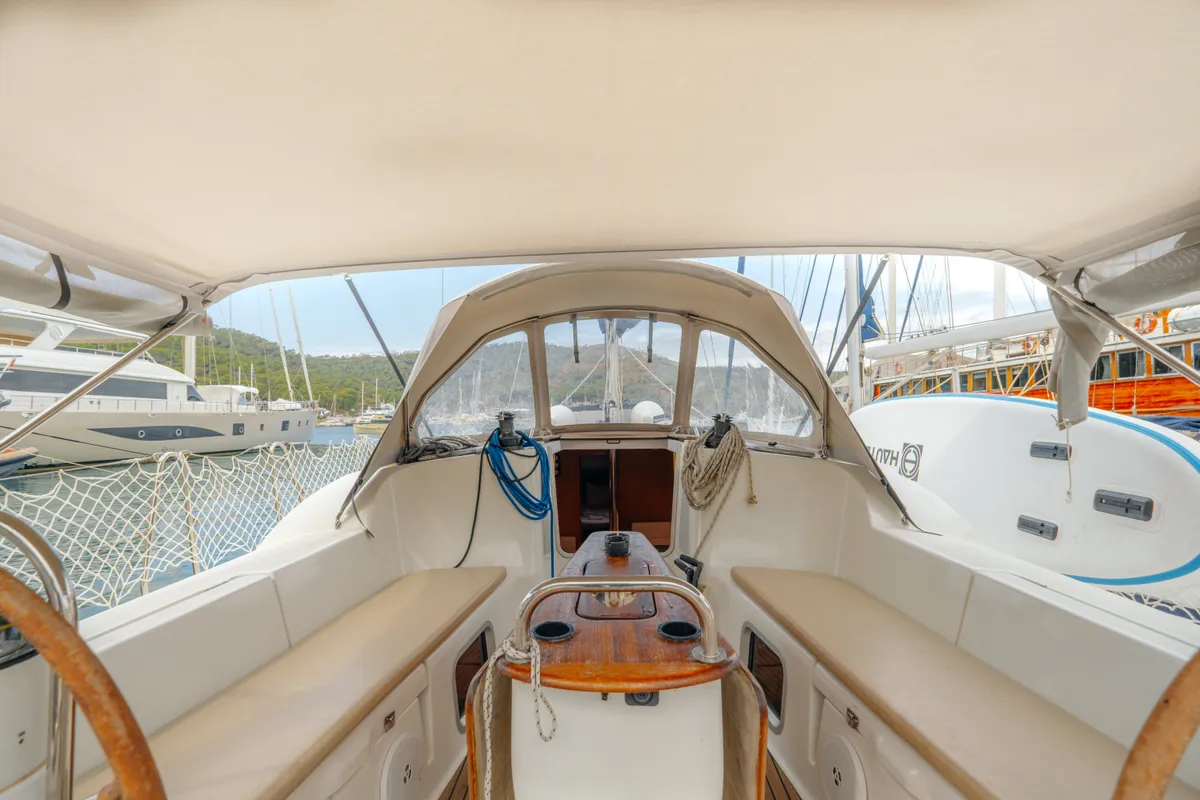 Cockpit of Classic, a Jeanneau Sun Odyssey 42 i sailboat at Fethiye, Turkey