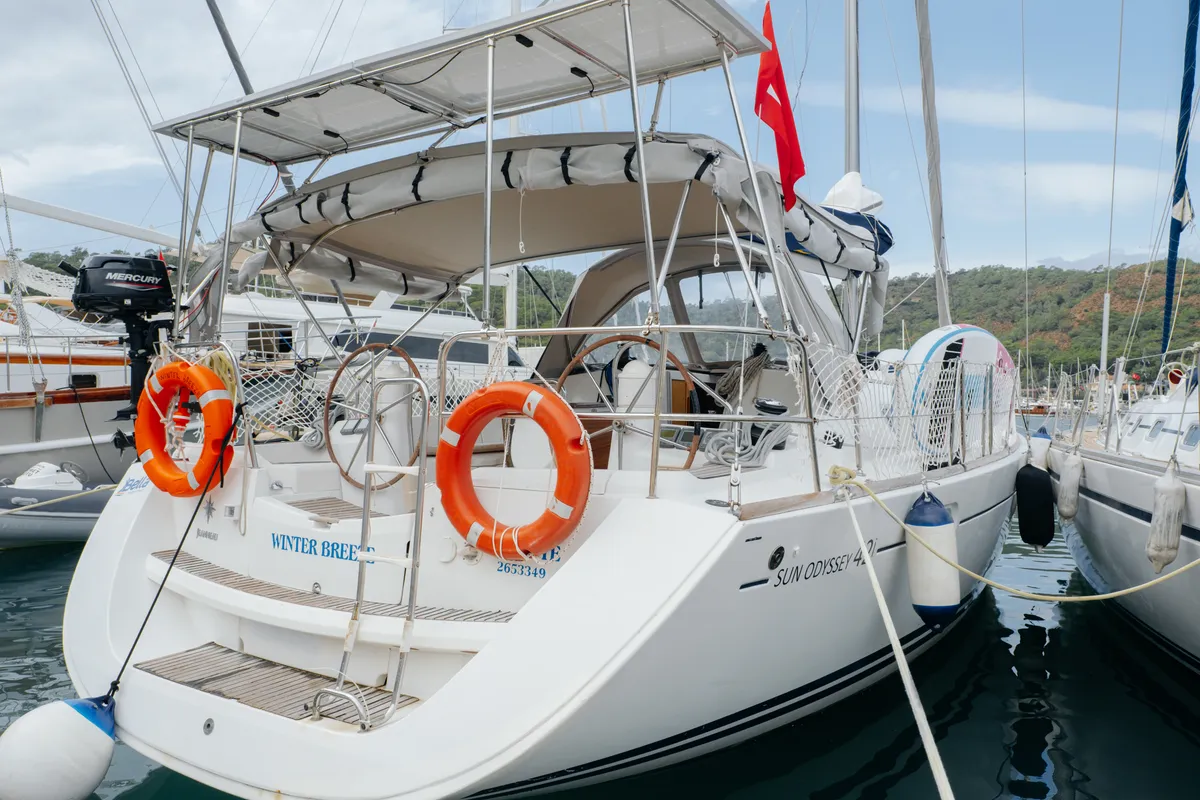 Exterior view of Classic, a Jeanneau Sun Odyssey 42 i sailboat at Fethiye, Turkey